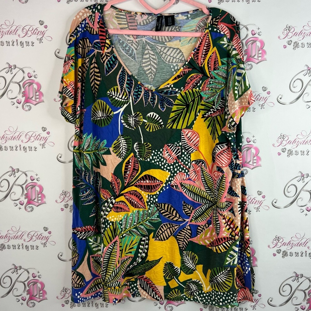 Cynthia Rowley tshirt tee tropical abstract floral Multicolor Leaf Print Blouse